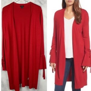 Halogen long, open front cardigan with bell sleeves.